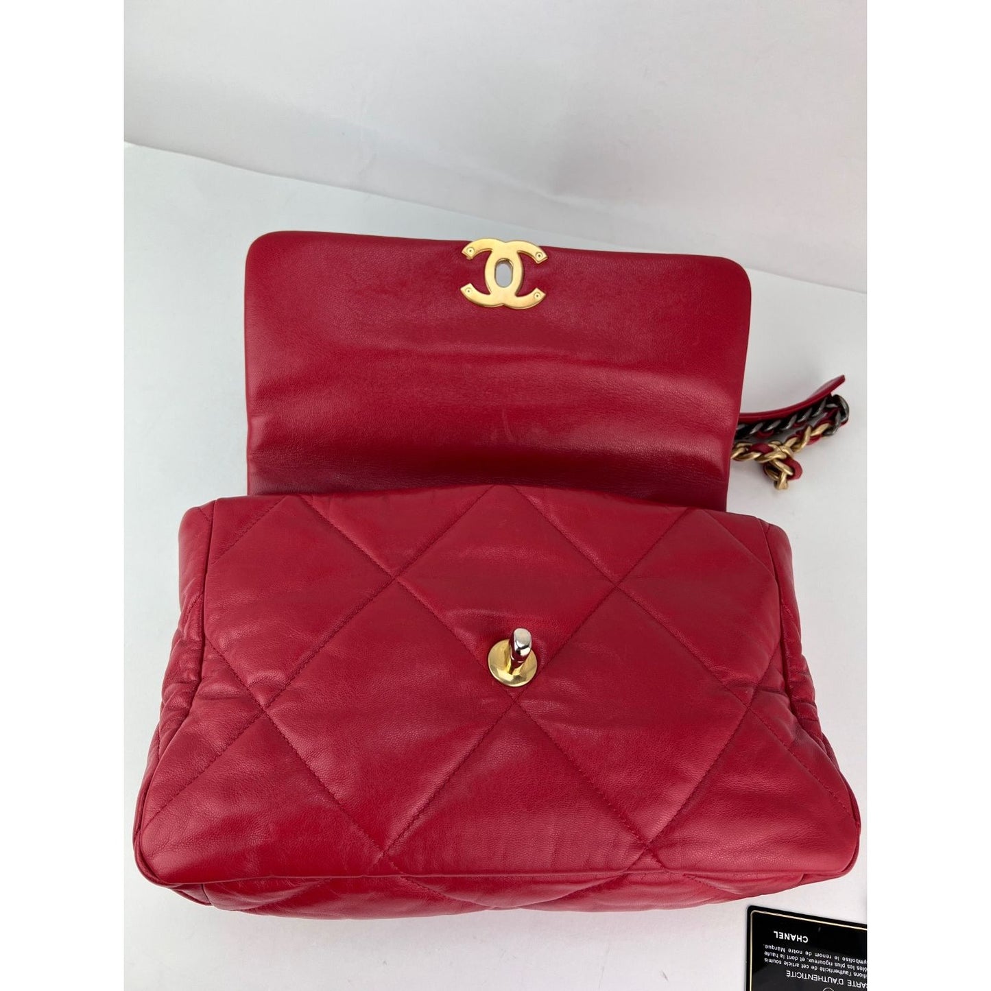 
                  
                    Chanel 19 Large Quilted Goatskin Silver and Gold Red Flap Bag
                  
                