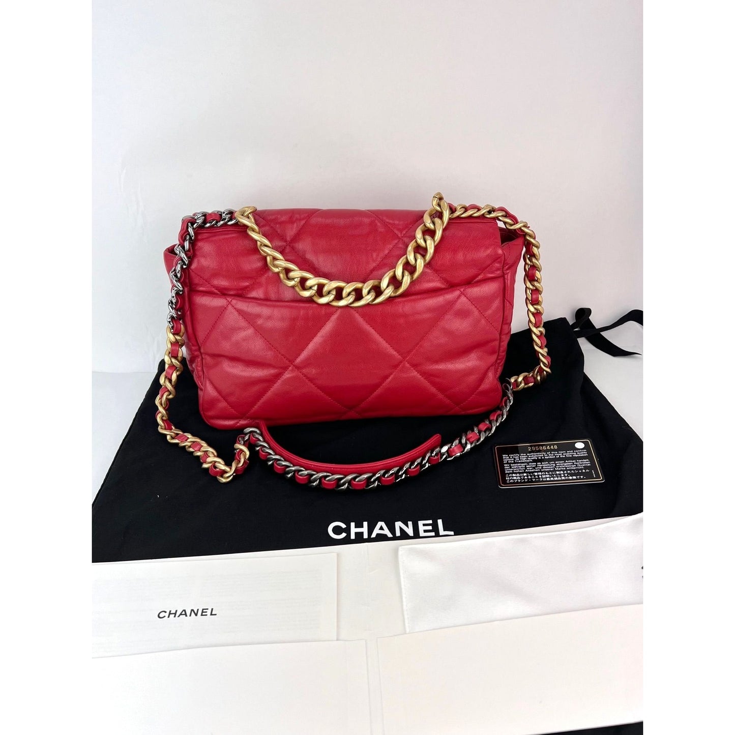 
                  
                    Chanel 19 Large Quilted Goatskin Silver and Gold Red Flap Bag
                  
                