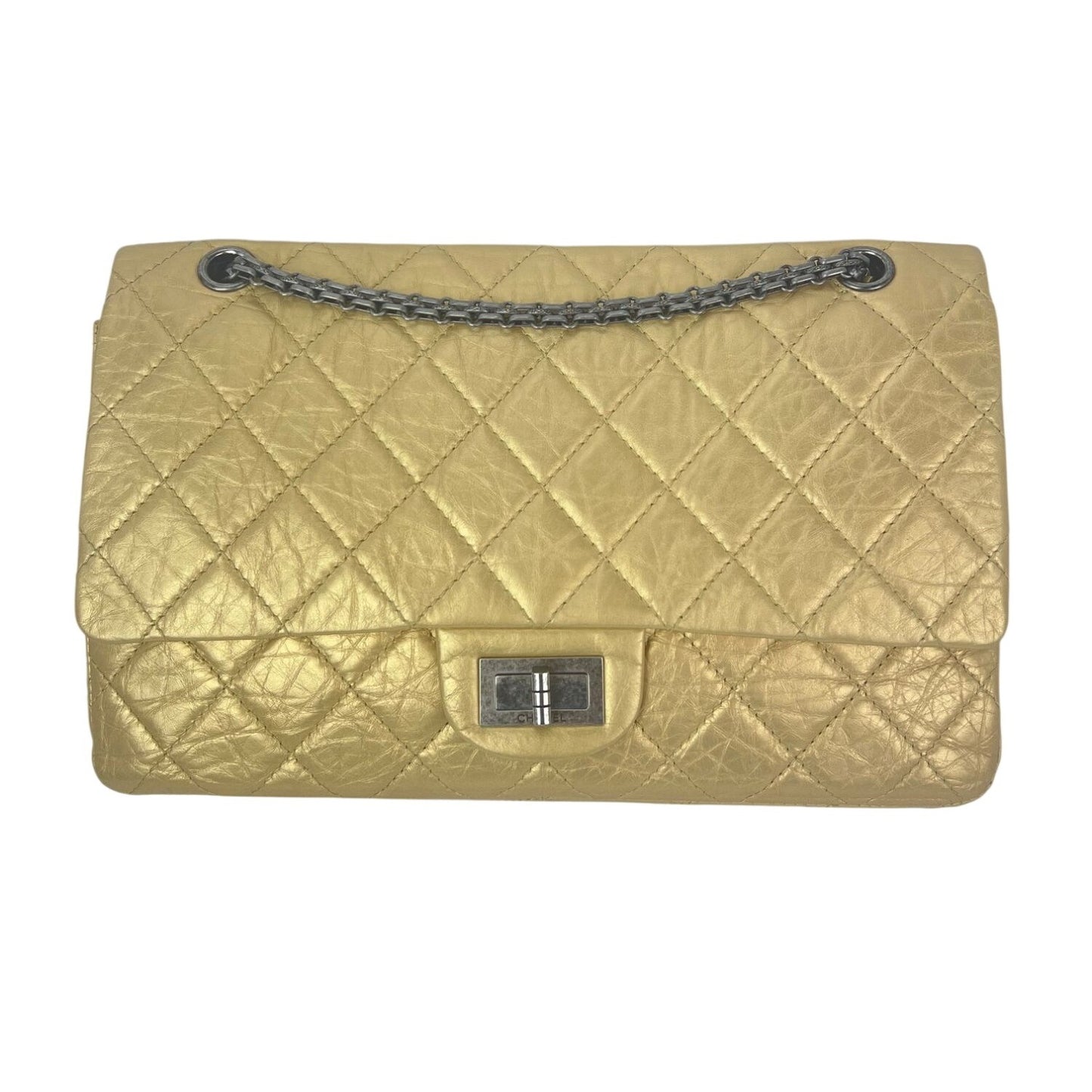 
                  
                    Chanel Metallic Aged Calfskin Quilted 2.55 Reissue 227 Double Flap Pale Gold
                  
                