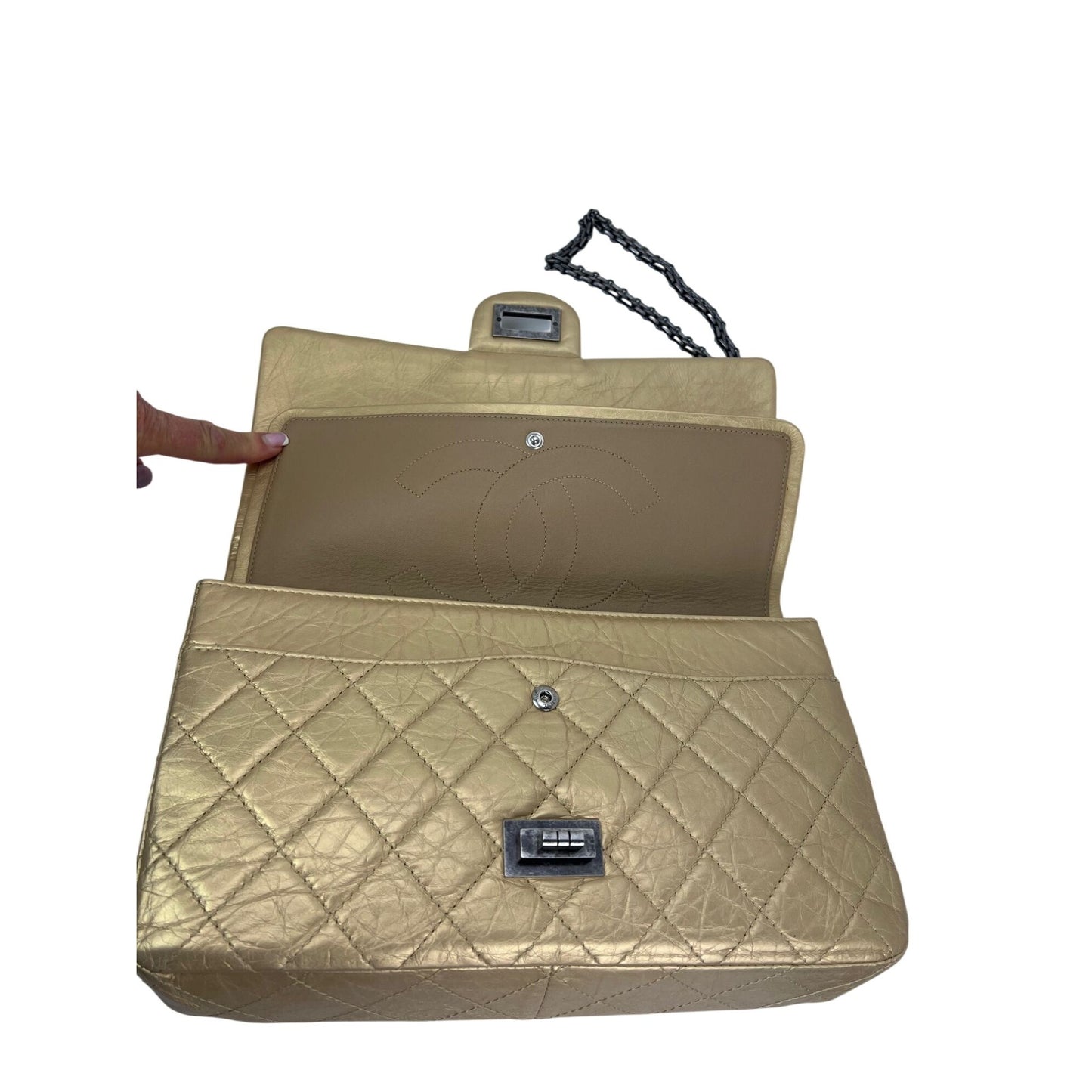 
                  
                    Chanel Metallic Aged Calfskin Quilted 2.55 Reissue 227 Double Flap Pale Gold
                  
                