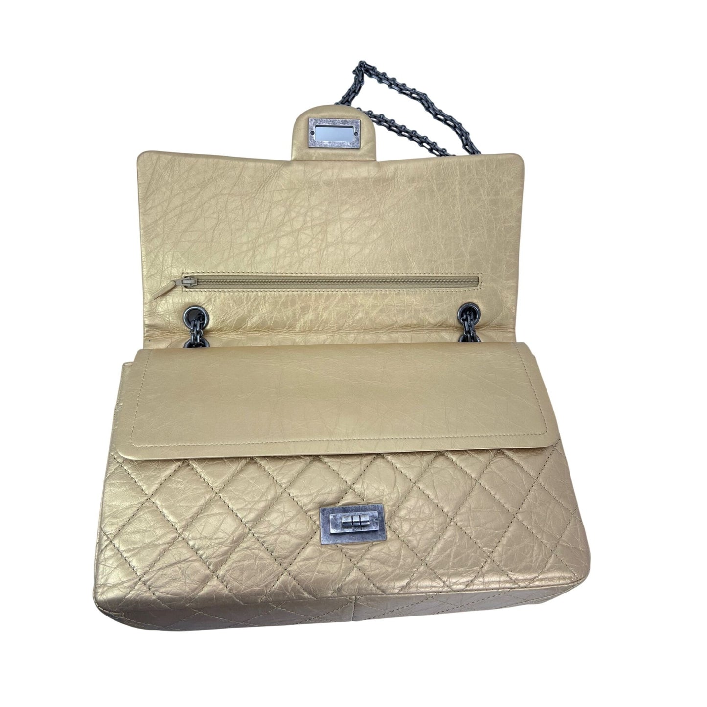 
                  
                    Chanel Metallic Aged Calfskin Quilted 2.55 Reissue 227 Double Flap Pale Gold
                  
                