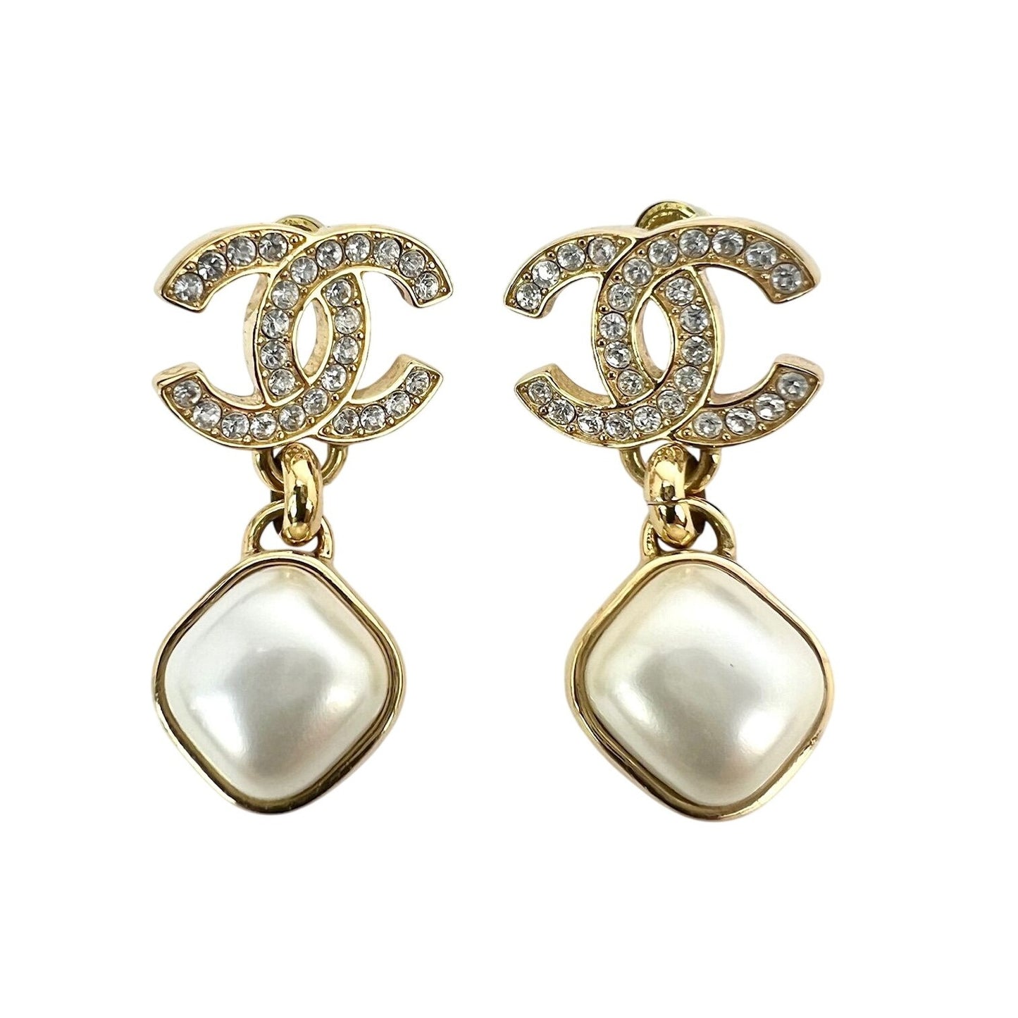 
                  
                    Chanel Gold Crystal CC Pearl Dangle Earrings
                  
                