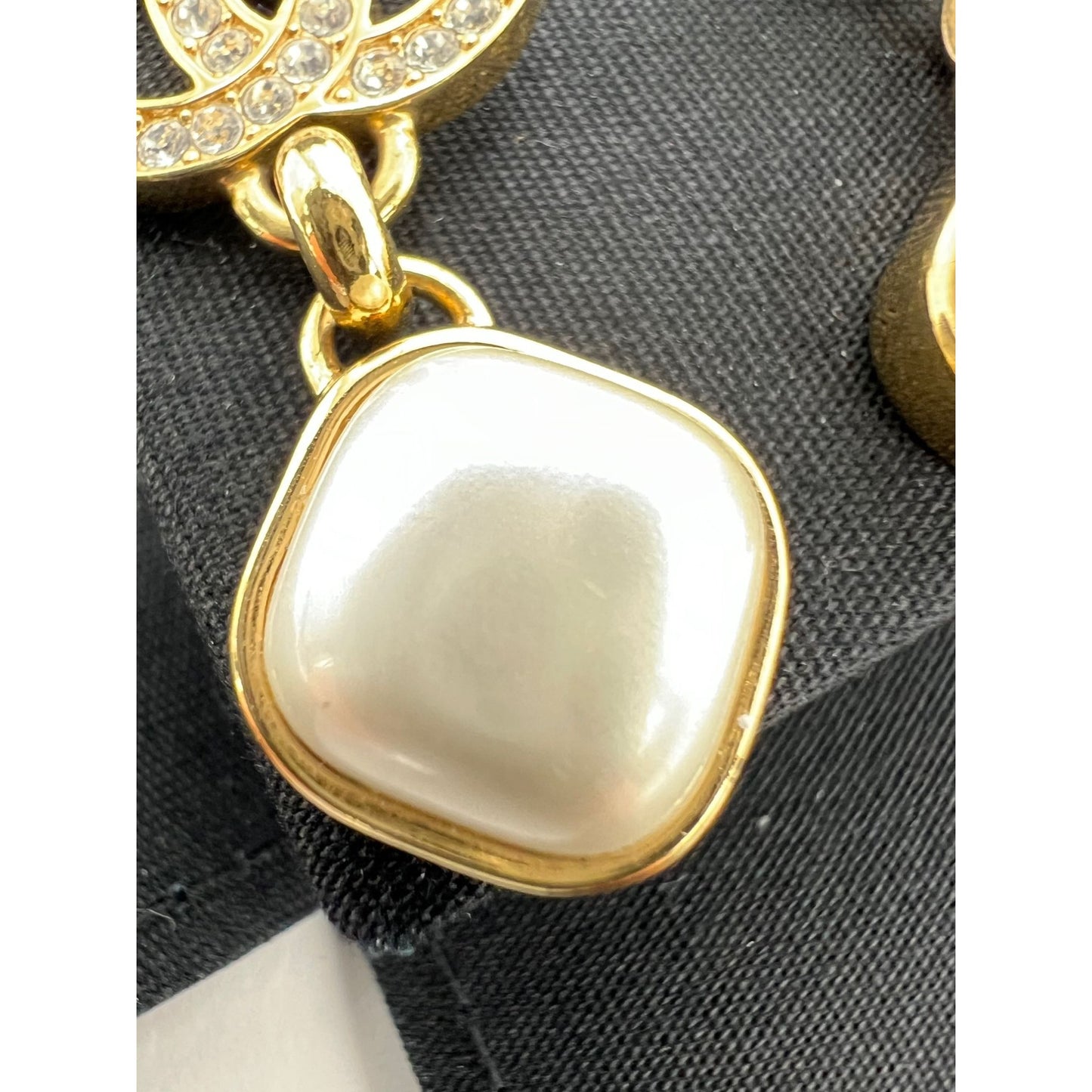 
                  
                    Chanel Gold Crystal CC Pearl Dangle Earrings
                  
                
