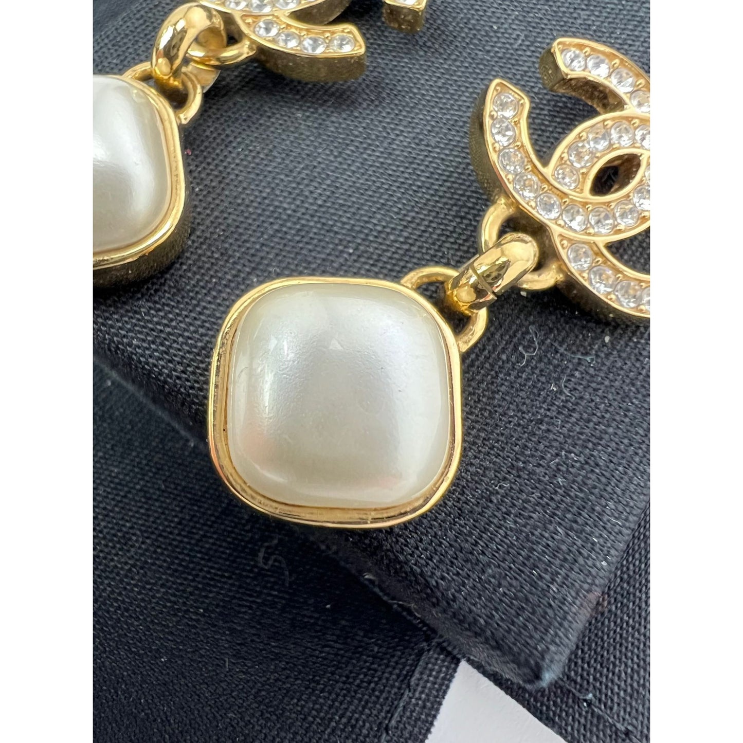 
                  
                    Chanel Gold Crystal CC Pearl Dangle Earrings
                  
                
