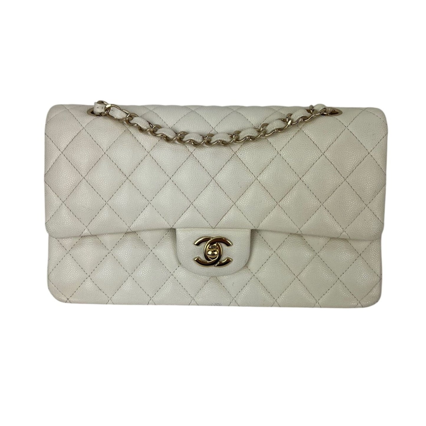 
                  
                    Chanel Caviar Quilted Medium Double Flap White Shoulder Bag
                  
                