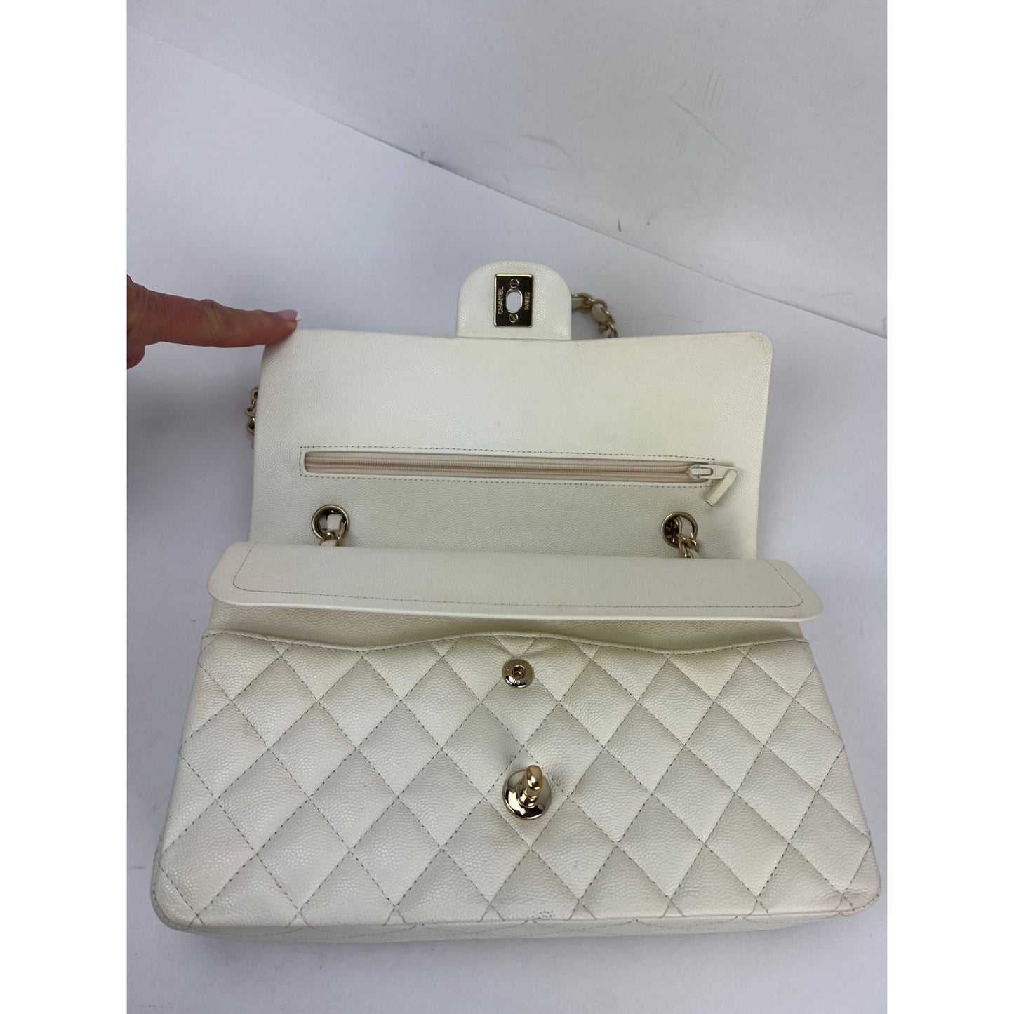 
                  
                    Chanel Caviar Quilted Medium Double Flap White Shoulder Bag
                  
                