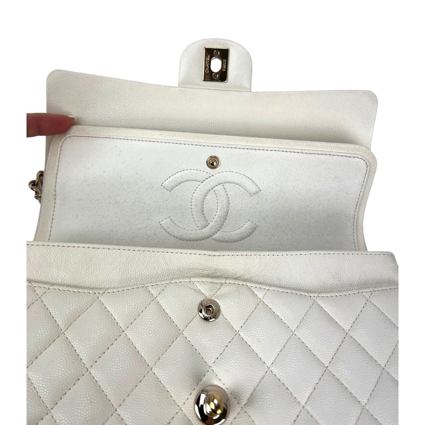 
                  
                    Chanel Caviar Quilted Medium Double Flap White Shoulder Bag
                  
                