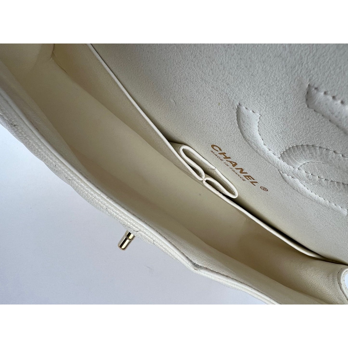 
                  
                    Chanel Caviar Quilted Medium Double Flap White Shoulder Bag
                  
                