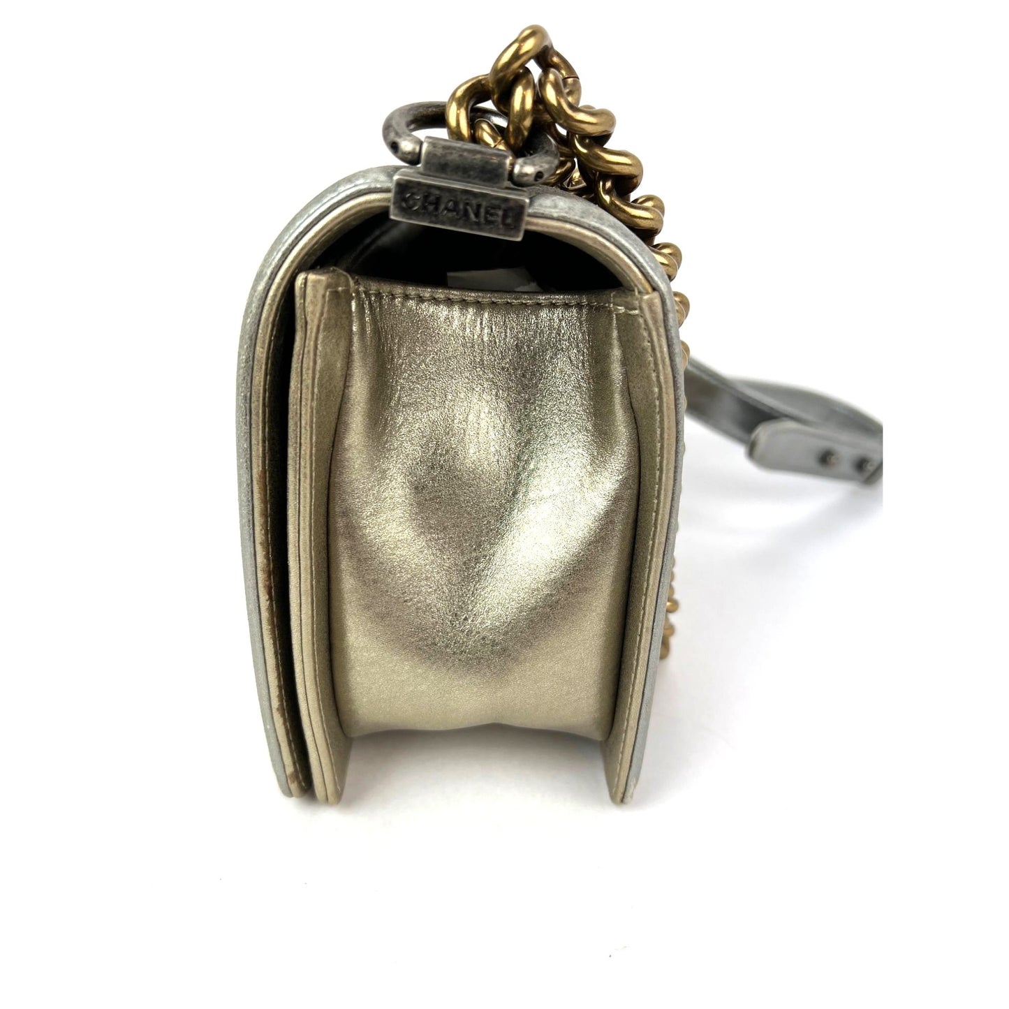 
                  
                    Chanel Metallic Calfskin Quilted Medium Boy Flap Khaki Silver Shoulder Bag
                  
                