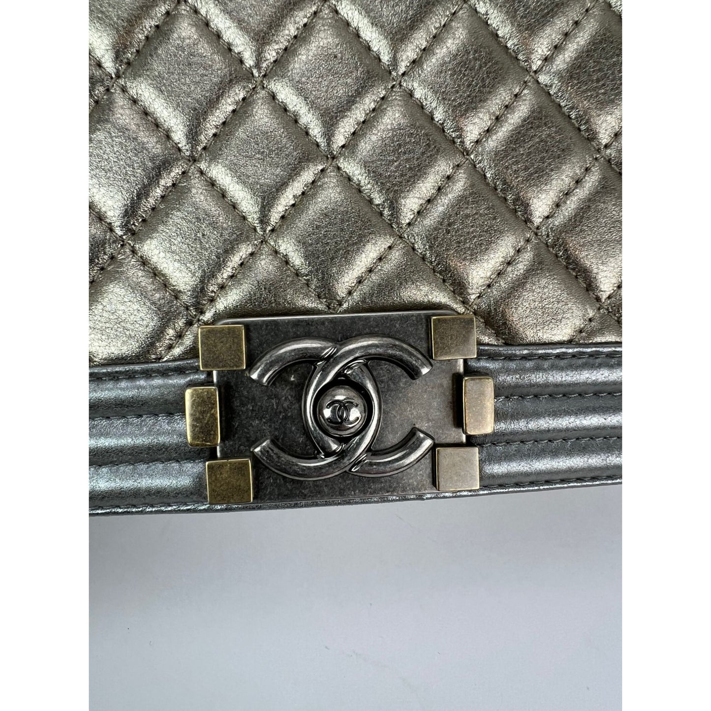 
                  
                    Chanel Metallic Calfskin Quilted Medium Boy Flap Khaki Silver Shoulder Bag
                  
                