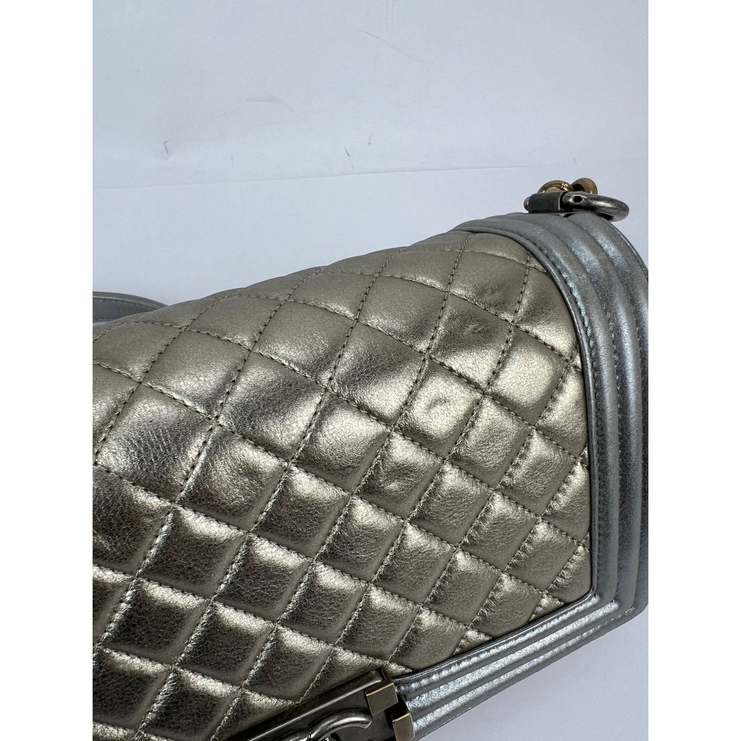 
                  
                    Chanel Metallic Calfskin Quilted Medium Boy Flap Khaki Silver Shoulder Bag
                  
                