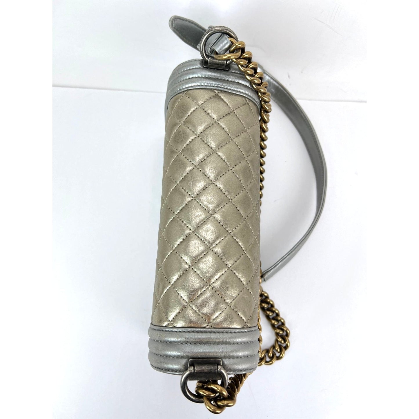 
                  
                    Chanel Metallic Calfskin Quilted Medium Boy Flap Khaki Silver Shoulder Bag
                  
                