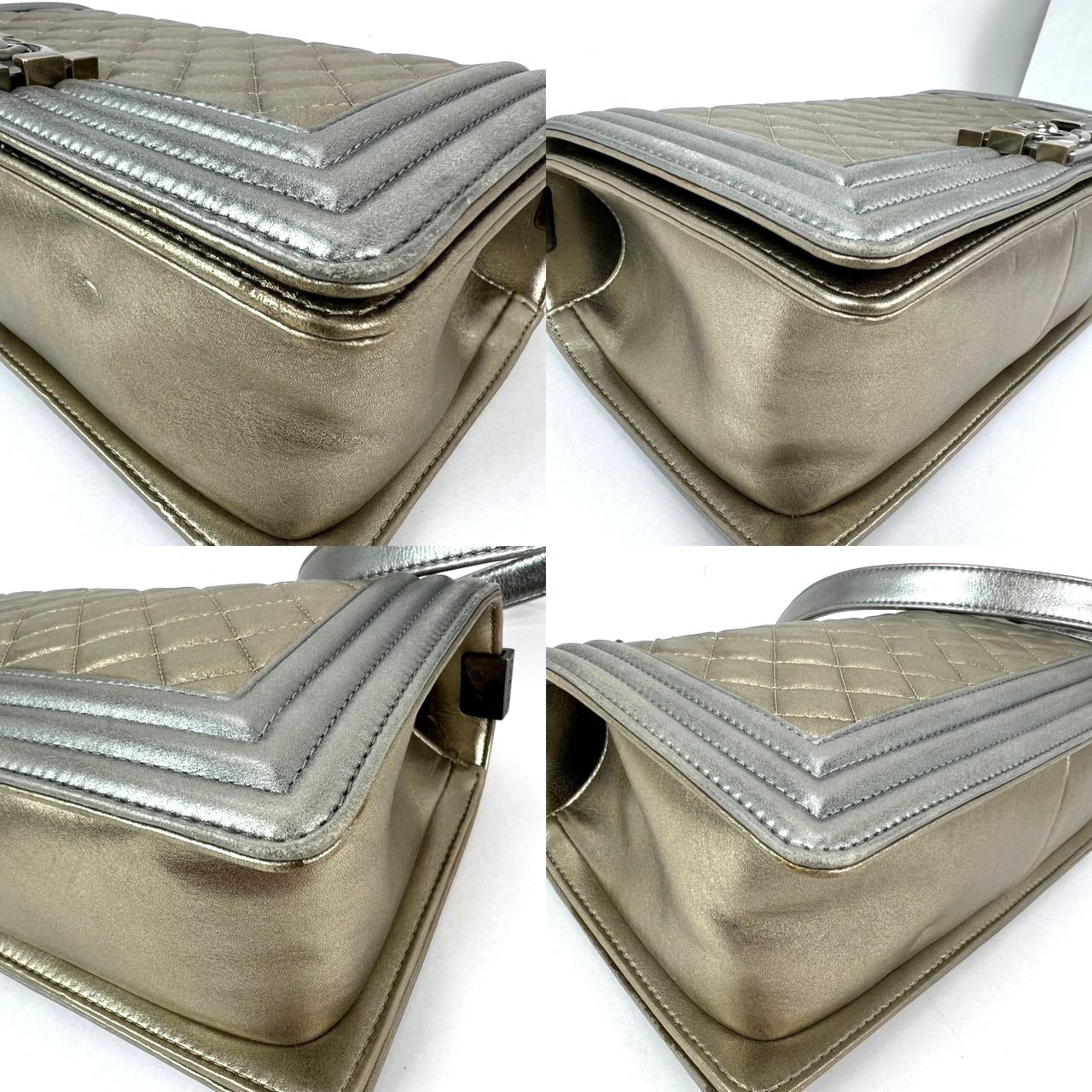 
                  
                    Chanel Metallic Calfskin Quilted Medium Boy Flap Khaki Silver Shoulder Bag
                  
                