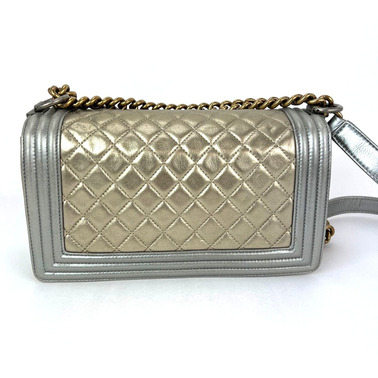 
                  
                    Chanel Metallic Calfskin Quilted Medium Boy Flap Khaki Silver Shoulder Bag
                  
                