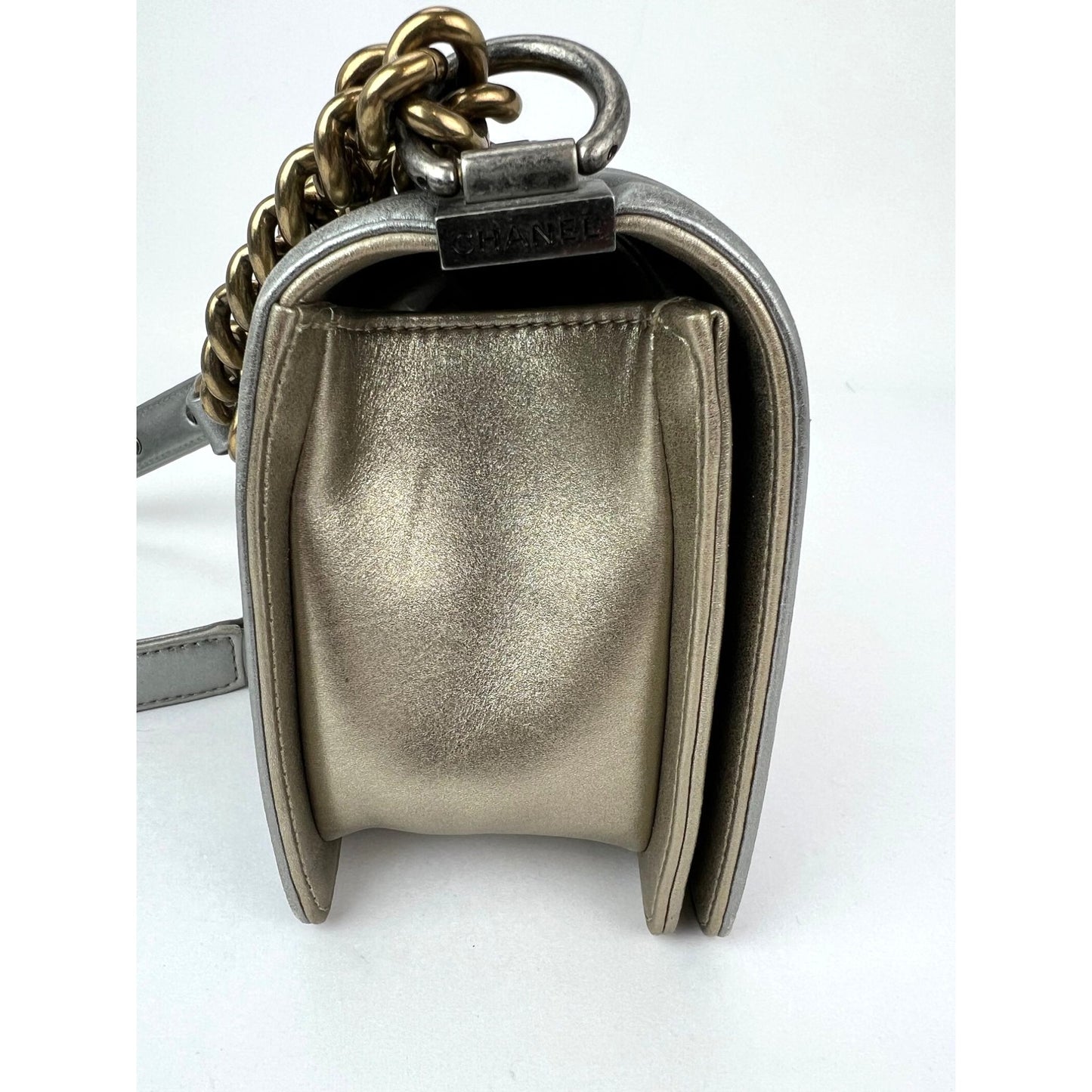
                  
                    Chanel Metallic Calfskin Quilted Medium Boy Flap Khaki Silver Shoulder Bag
                  
                