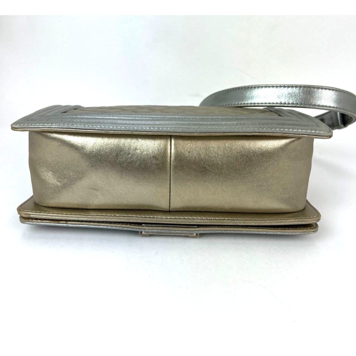 
                  
                    Chanel Metallic Calfskin Quilted Medium Boy Flap Khaki Silver Shoulder Bag
                  
                