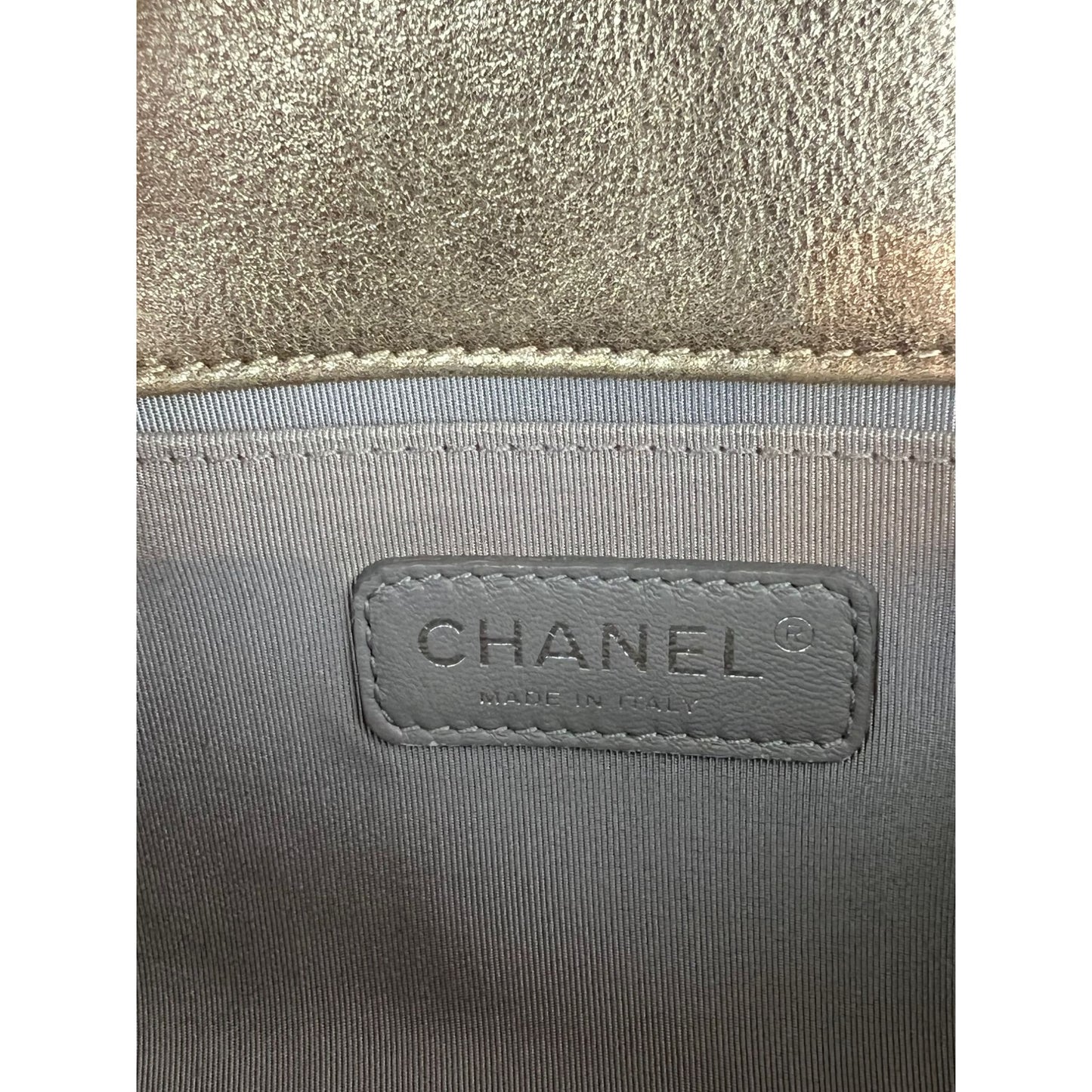
                  
                    Chanel Metallic Calfskin Quilted Medium Boy Flap Khaki Silver Shoulder Bag
                  
                