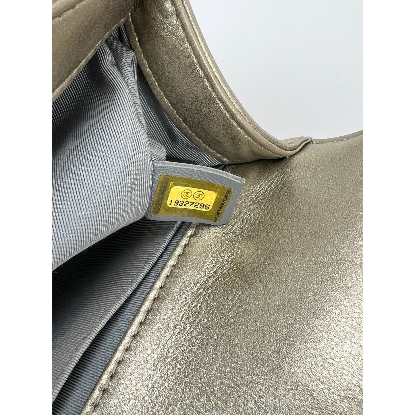 
                  
                    Chanel Metallic Calfskin Quilted Medium Boy Flap Khaki Silver Shoulder Bag
                  
                
