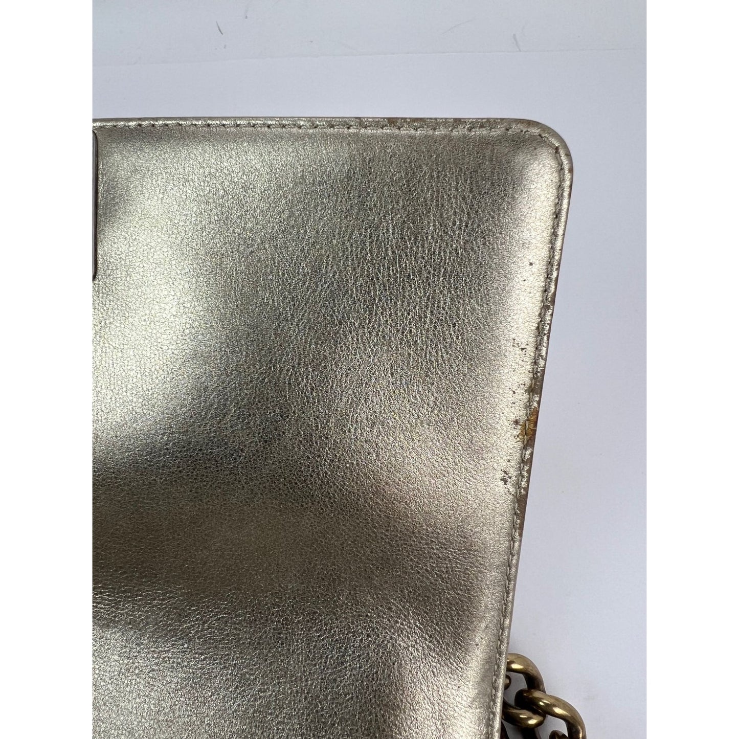 
                  
                    Chanel Metallic Calfskin Quilted Medium Boy Flap Khaki Silver Shoulder Bag
                  
                