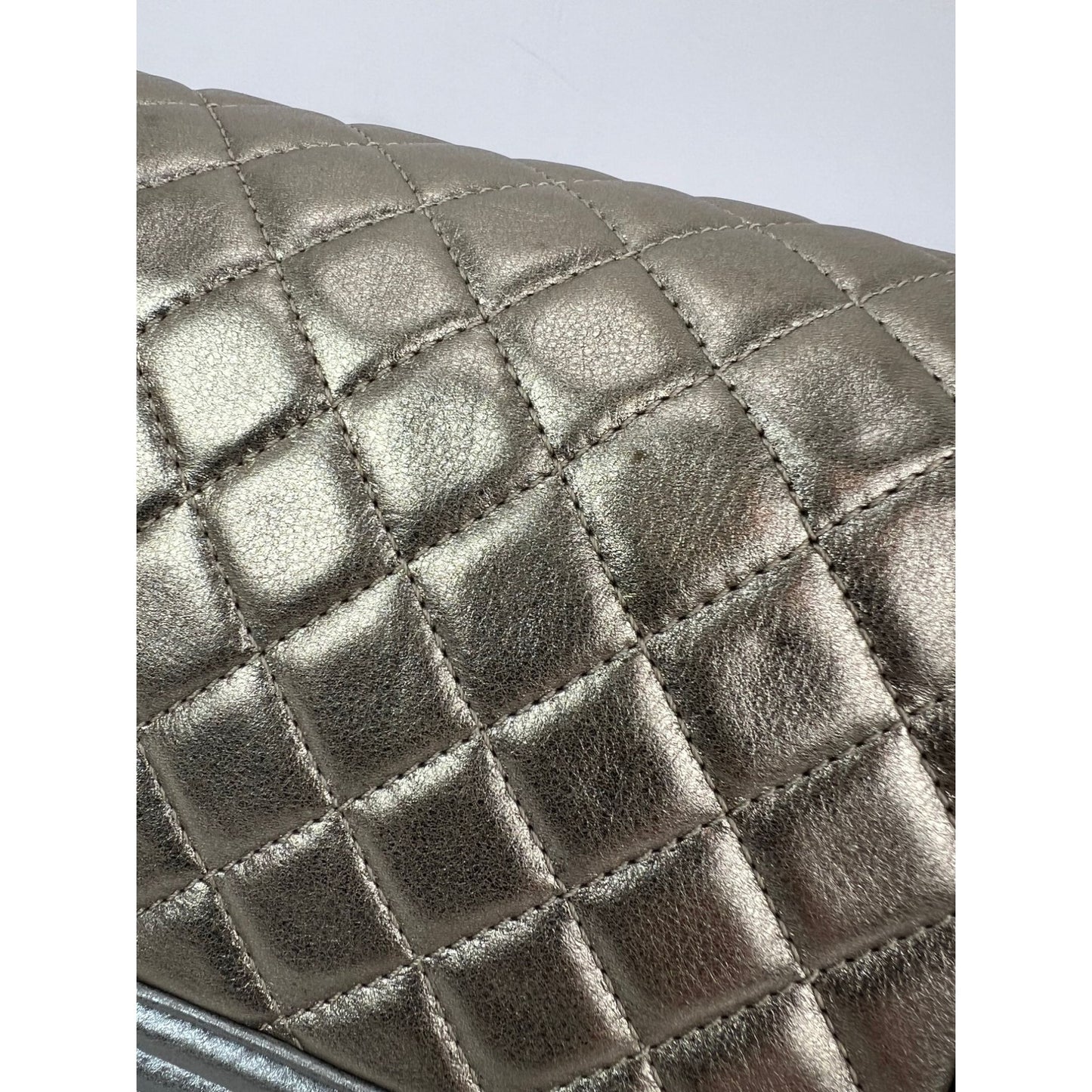 
                  
                    Chanel Metallic Calfskin Quilted Medium Boy Flap Khaki Silver Shoulder Bag
                  
                