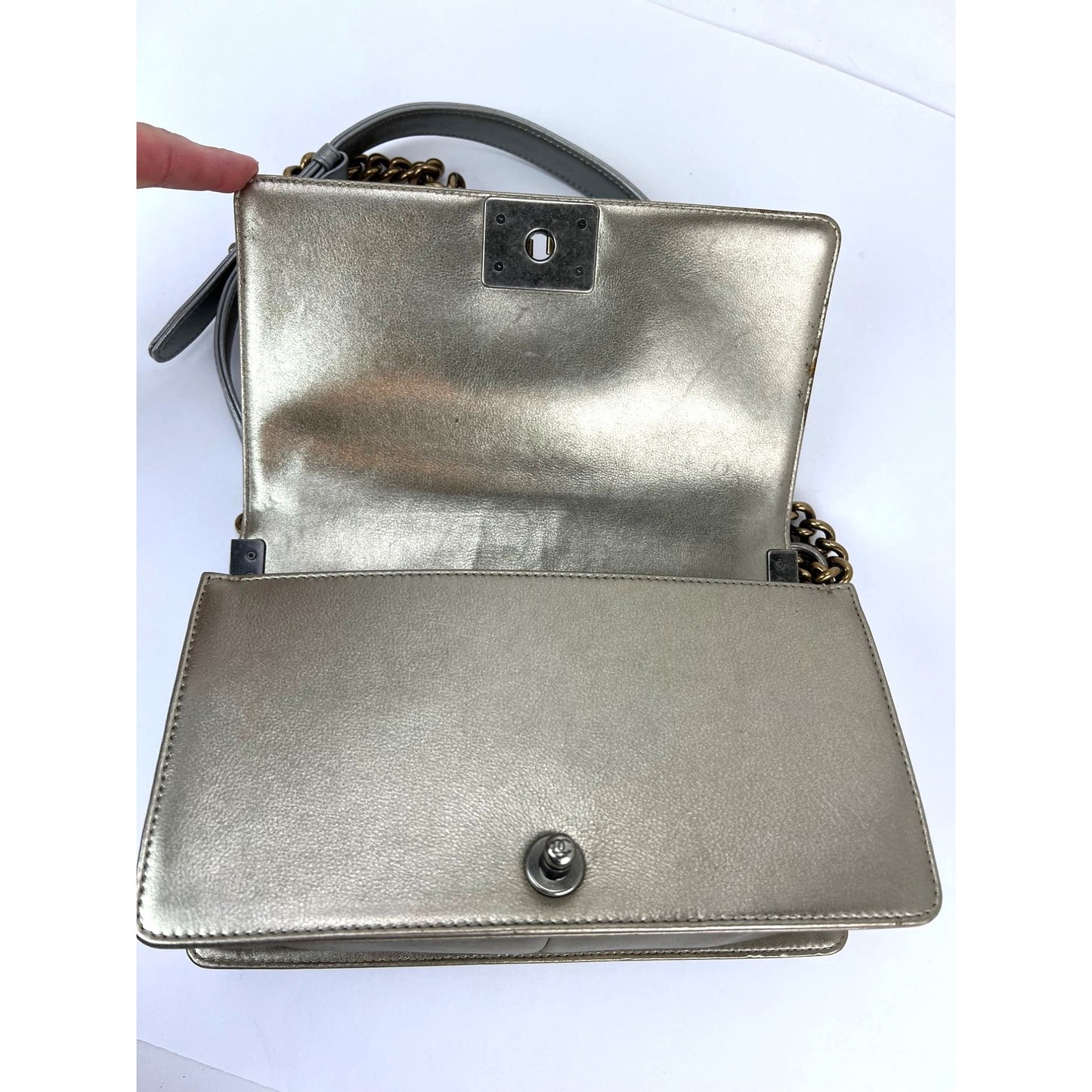 
                  
                    Chanel Metallic Calfskin Quilted Medium Boy Flap Khaki Silver Shoulder Bag
                  
                