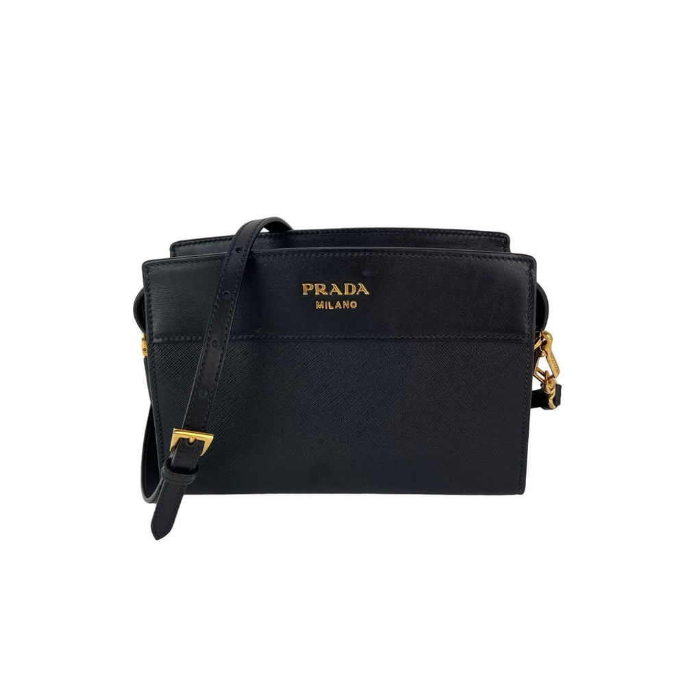 Prada Saffiano City Calfskin Esplanade Black Leather Crossbody Bag