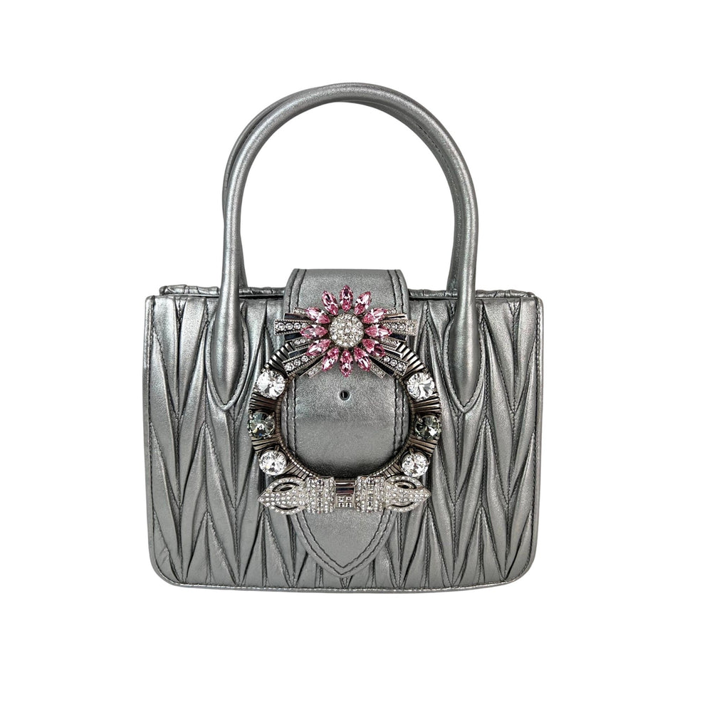 Miu Miu Metallic Silver Nappa Matelasse Crystal Embellished Lady Bag