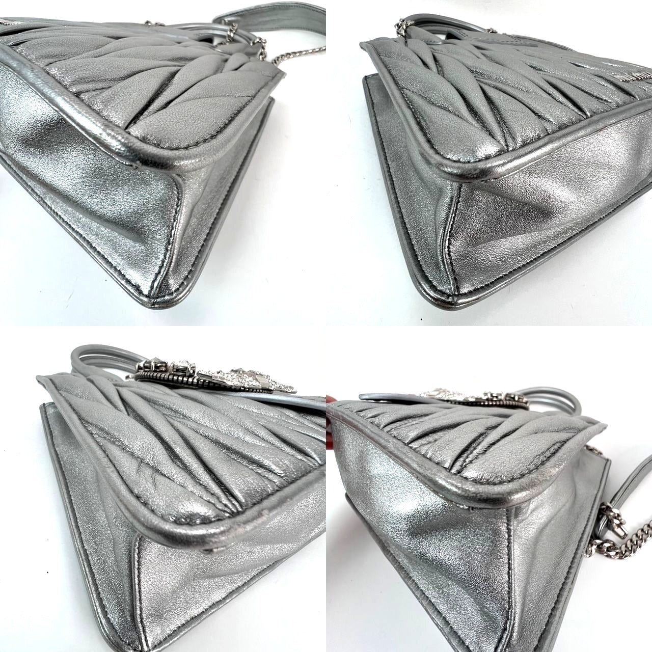 
                  
                    Miu Miu Metallic Silver Nappa Matelasse Crystal Embellished Lady Bag
                  
                