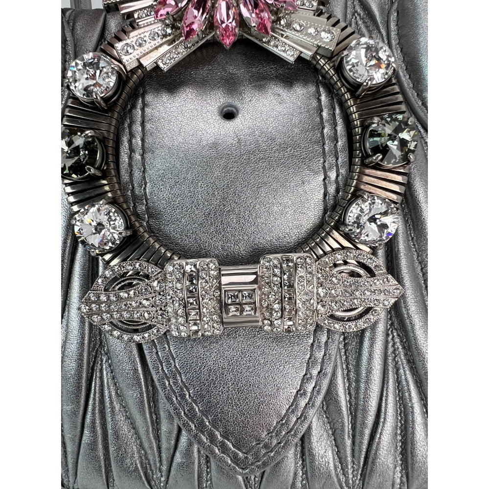 
                  
                    Miu Miu Metallic Silver Nappa Matelasse Crystal Embellished Lady Bag
                  
                