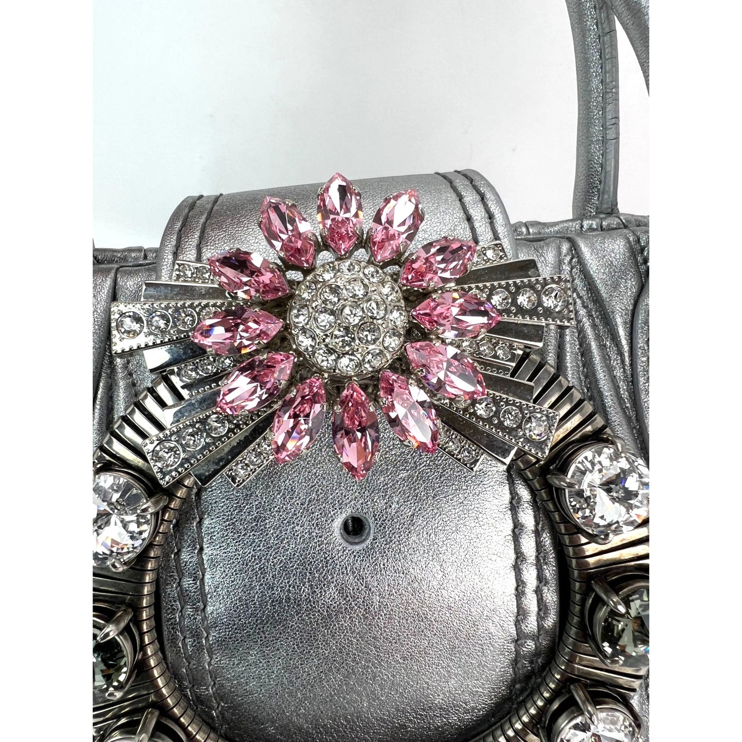 
                  
                    Miu Miu Metallic Silver Nappa Matelasse Crystal Embellished Lady Bag
                  
                