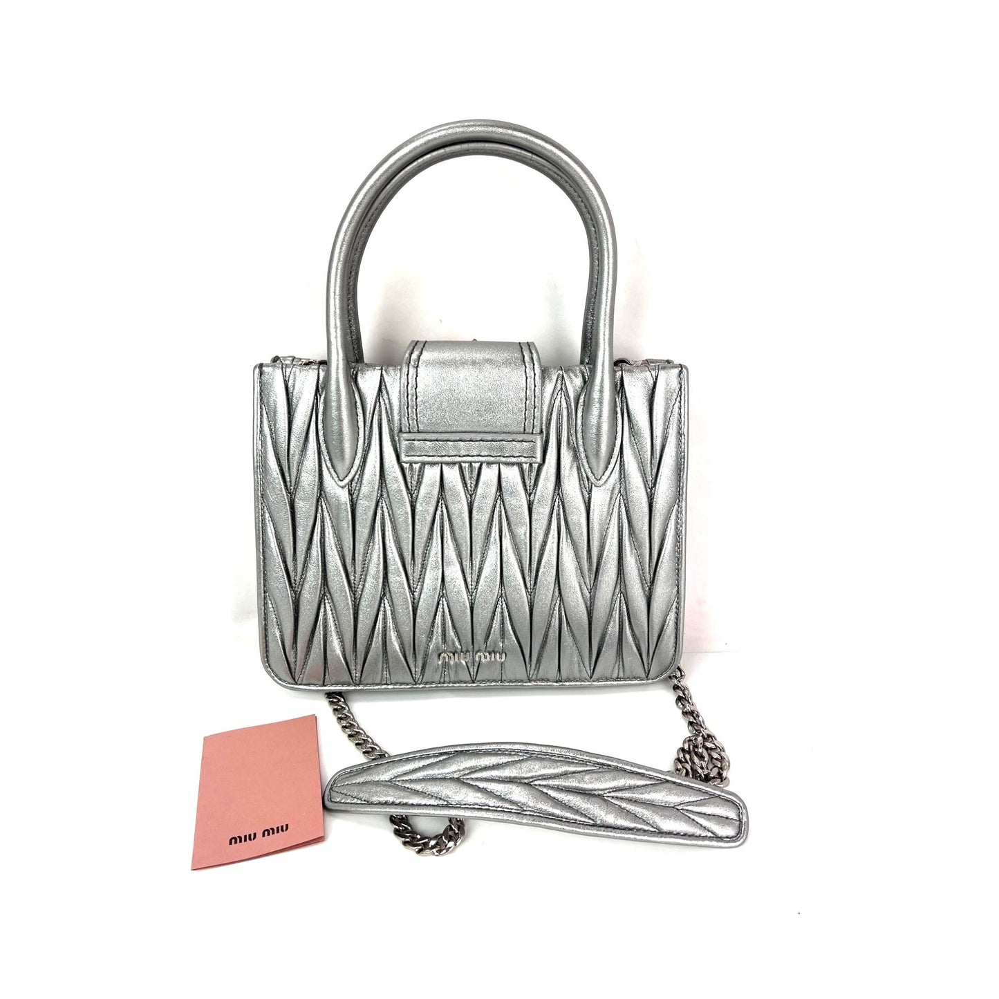 
                  
                    Miu Miu Metallic Silver Nappa Matelasse Crystal Embellished Lady Bag
                  
                