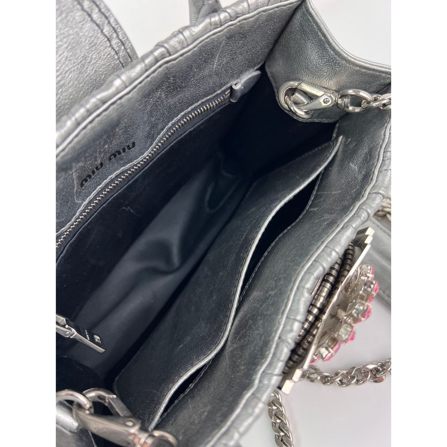
                  
                    Miu Miu Metallic Silver Nappa Matelasse Crystal Embellished Lady Bag
                  
                