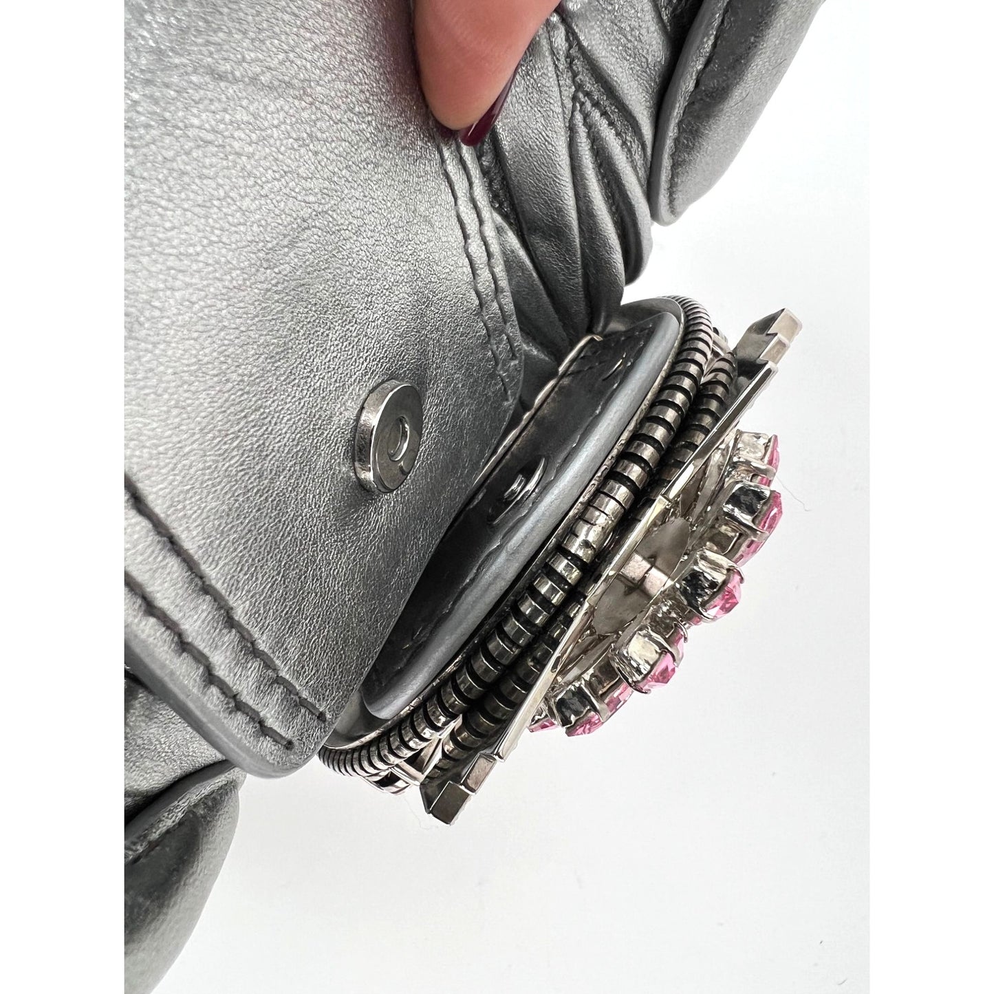 
                  
                    Miu Miu Metallic Silver Nappa Matelasse Crystal Embellished Lady Bag
                  
                