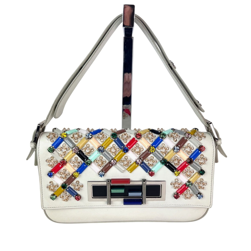 Fendi Vitello Dolce Crystal Baguette Shoulder Bag White Multicolor