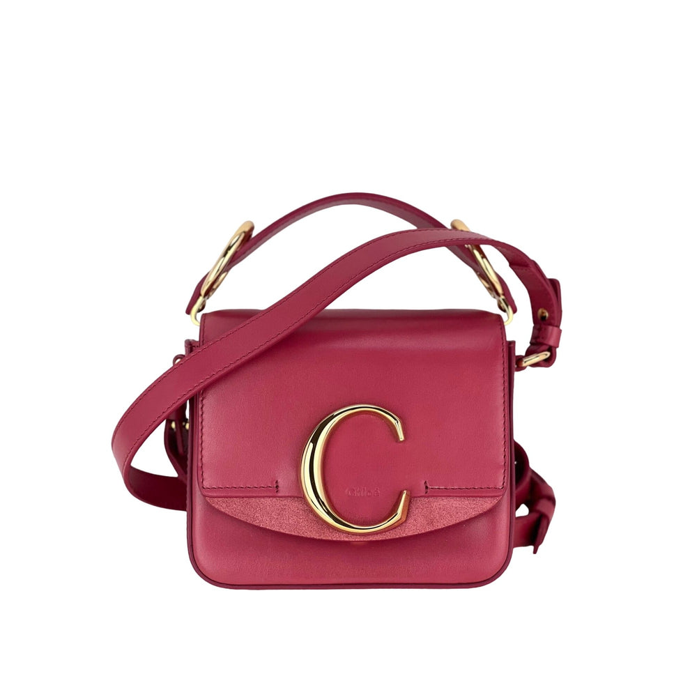 Chloe Shiny Calfskin Suede Mini C Double Carry Scarlet Pink Crossbody Bag