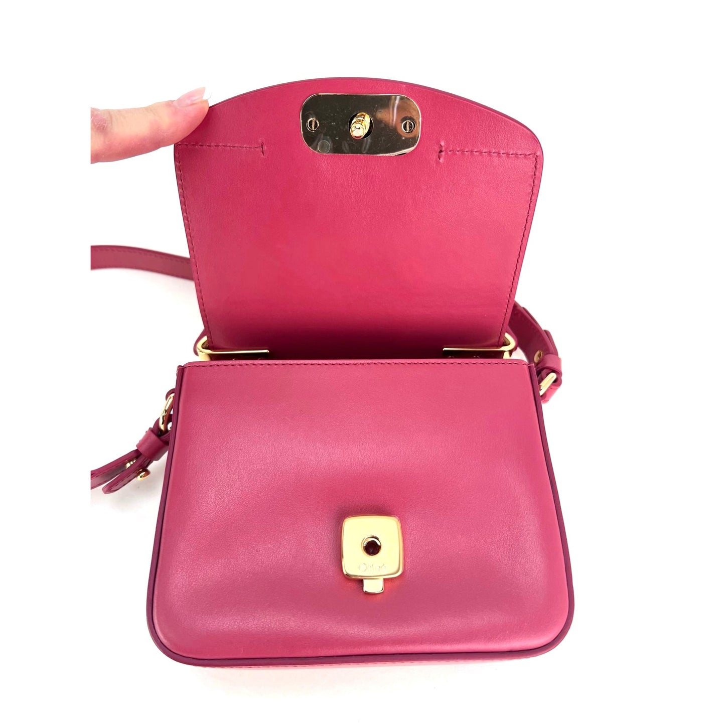 
                  
                    Chloe Shiny Calfskin Suede Mini C Double Carry Scarlet Pink Crossbody Bag
                  
                