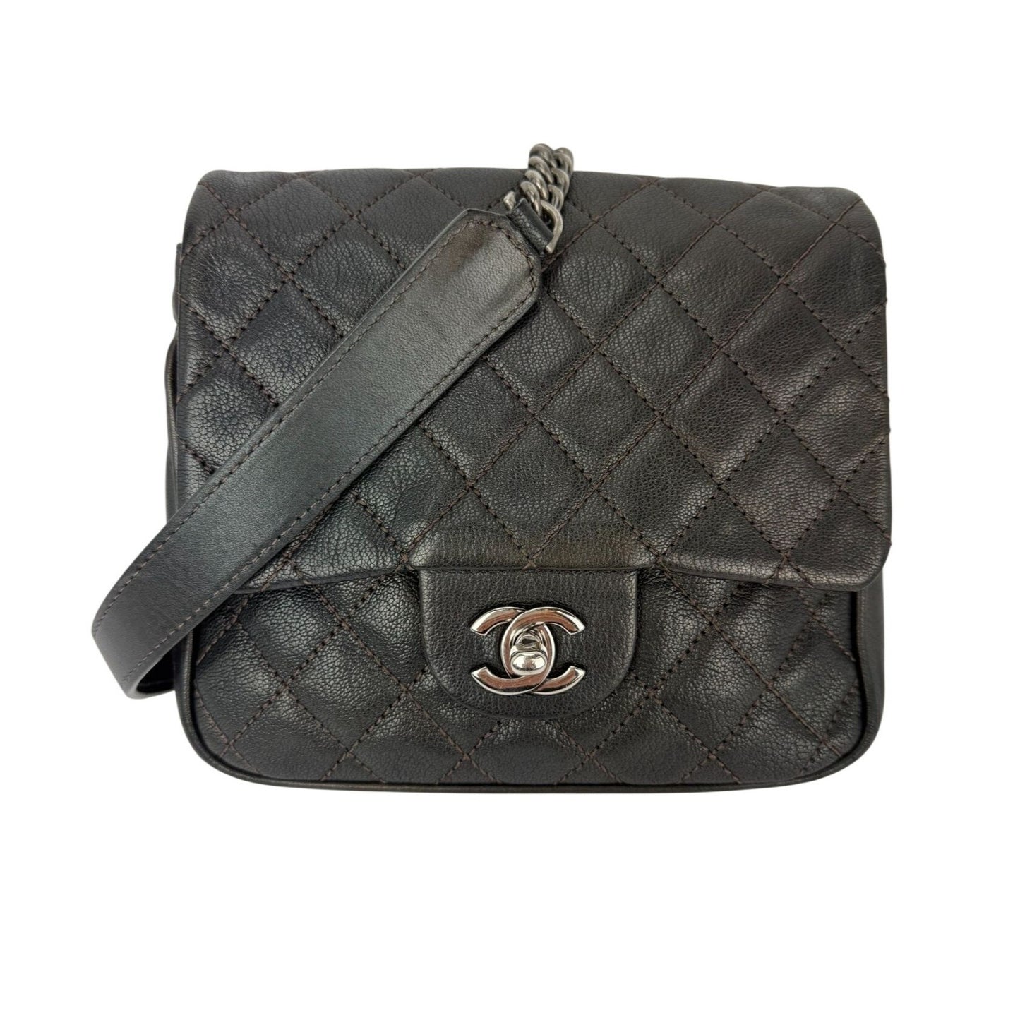
                  
                    Chanel Metallic Goatskin Quilted Small Rock In Rome Flap Charcoal Crossbody Bag
                  
                