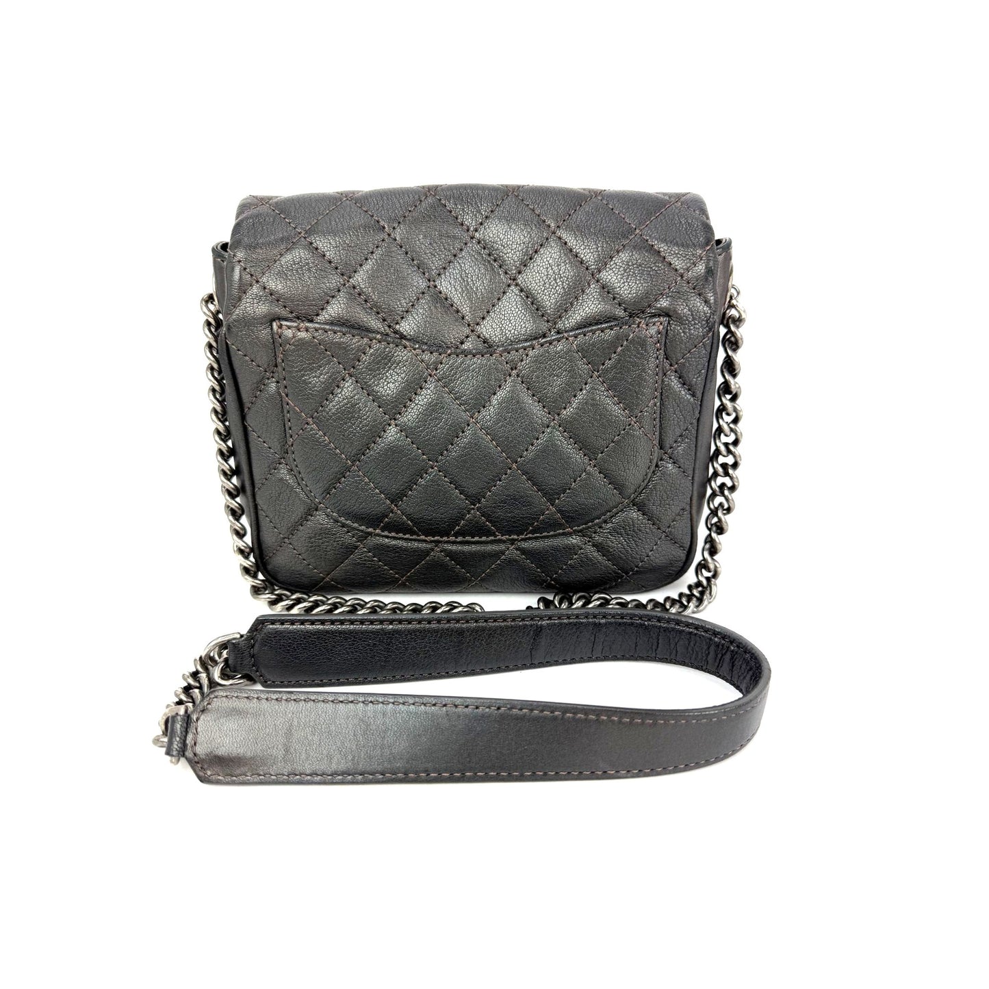 
                  
                    Chanel Metallic Goatskin Quilted Small Rock In Rome Flap Charcoal Crossbody Bag
                  
                