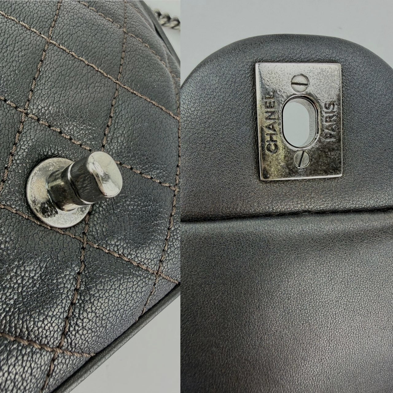 
                  
                    Chanel Metallic Goatskin Quilted Small Rock In Rome Flap Charcoal Crossbody Bag
                  
                