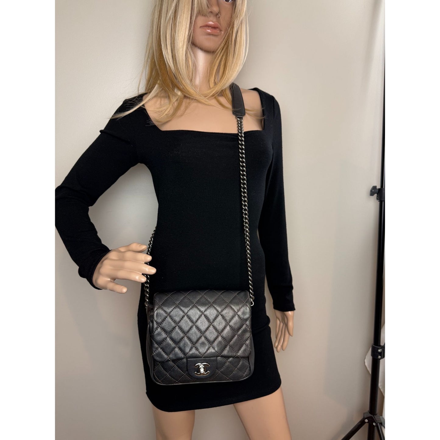 
                  
                    Chanel Metallic Goatskin Quilted Small Rock In Rome Flap Charcoal Crossbody Bag
                  
                