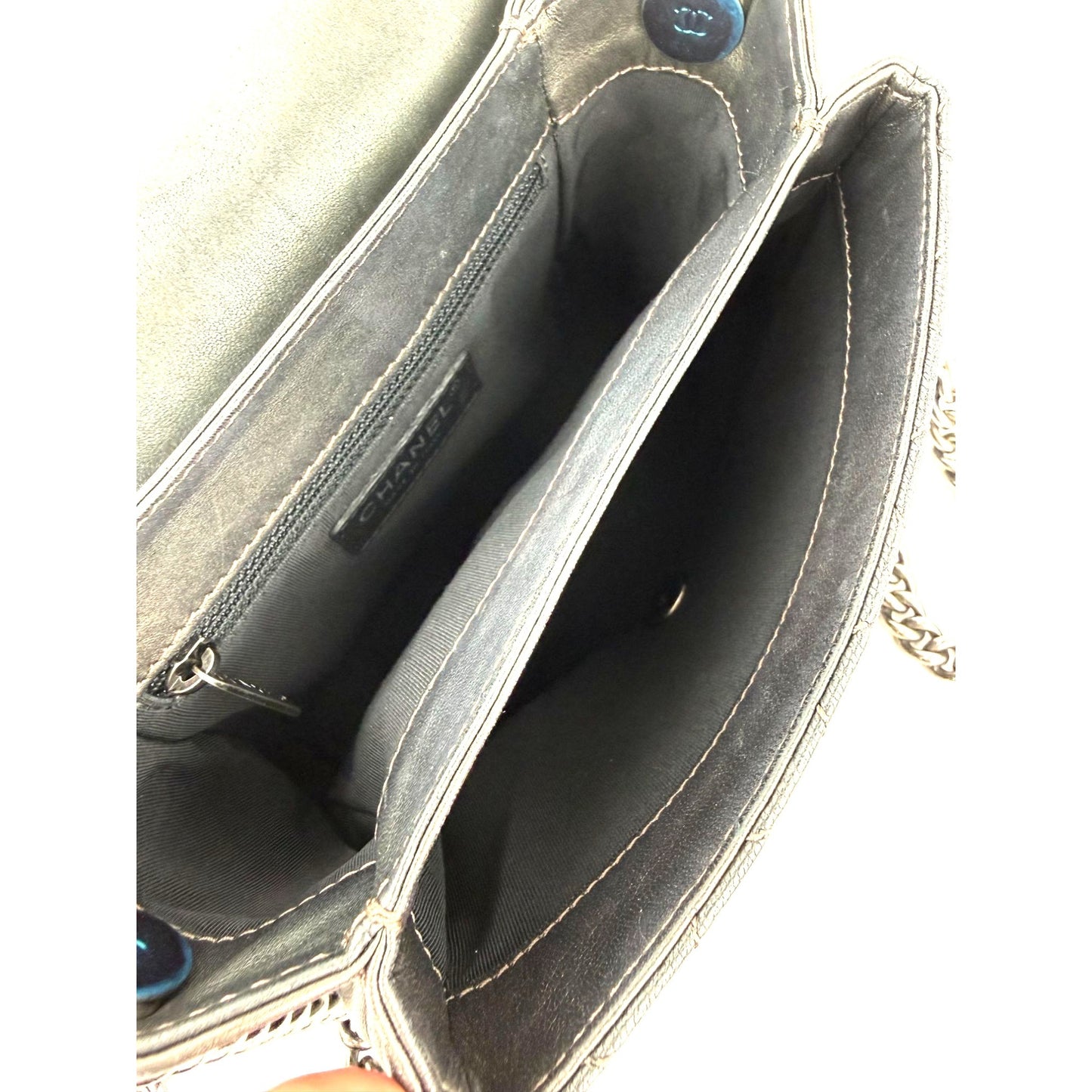 
                  
                    Chanel Metallic Goatskin Quilted Small Rock In Rome Flap Charcoal Crossbody Bag
                  
                