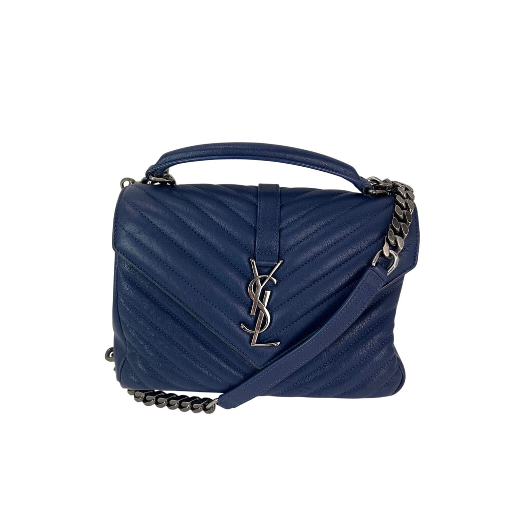 Saint Laurent Sheepskin Matelasse Chevron Medium College Leather Blue Messenger Bag