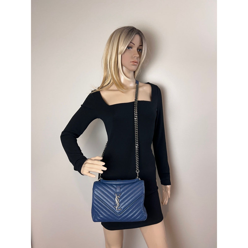 
                  
                    Saint Laurent Sheepskin Matelasse Chevron Medium College Leather Blue Messenger Bag
                  
                
