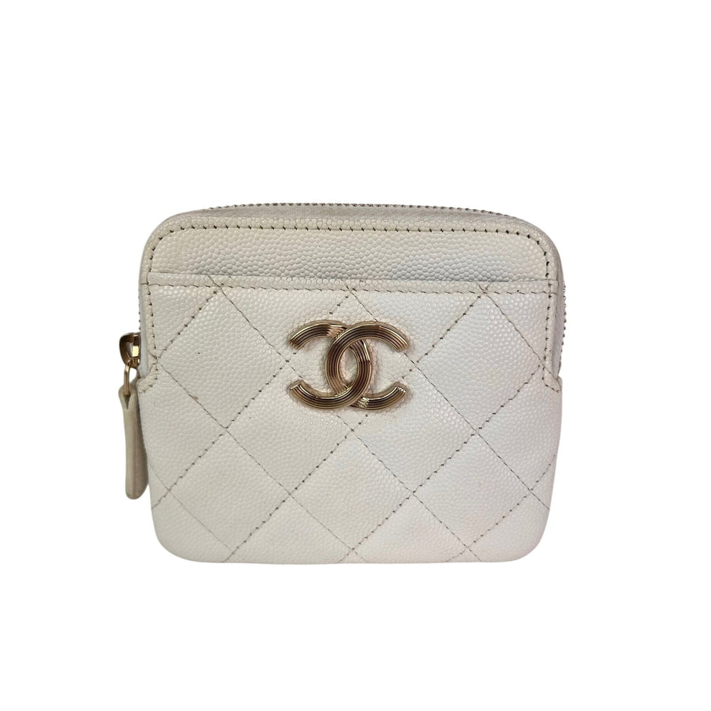 Chanel Caviar Quilted CC Zip Card Holder White Wallet