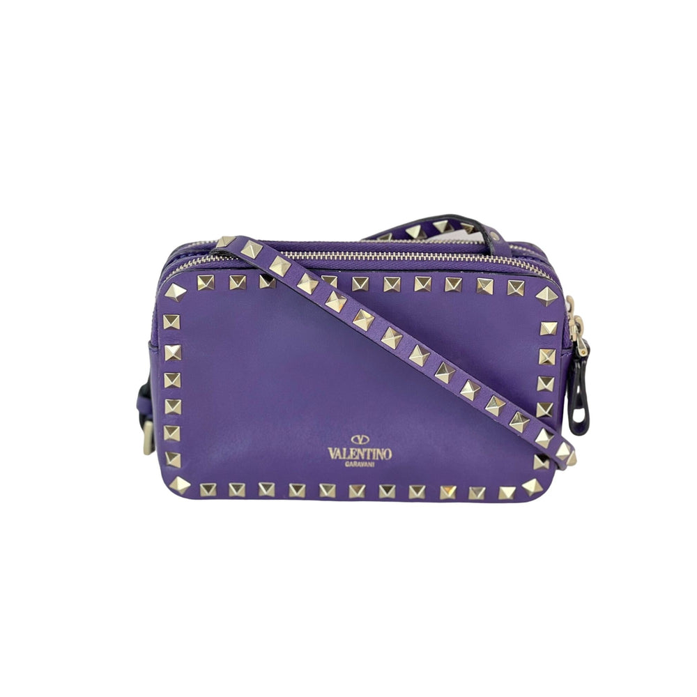 Valentino Rockstud Double Zip Purple Leather Crossbody Bag