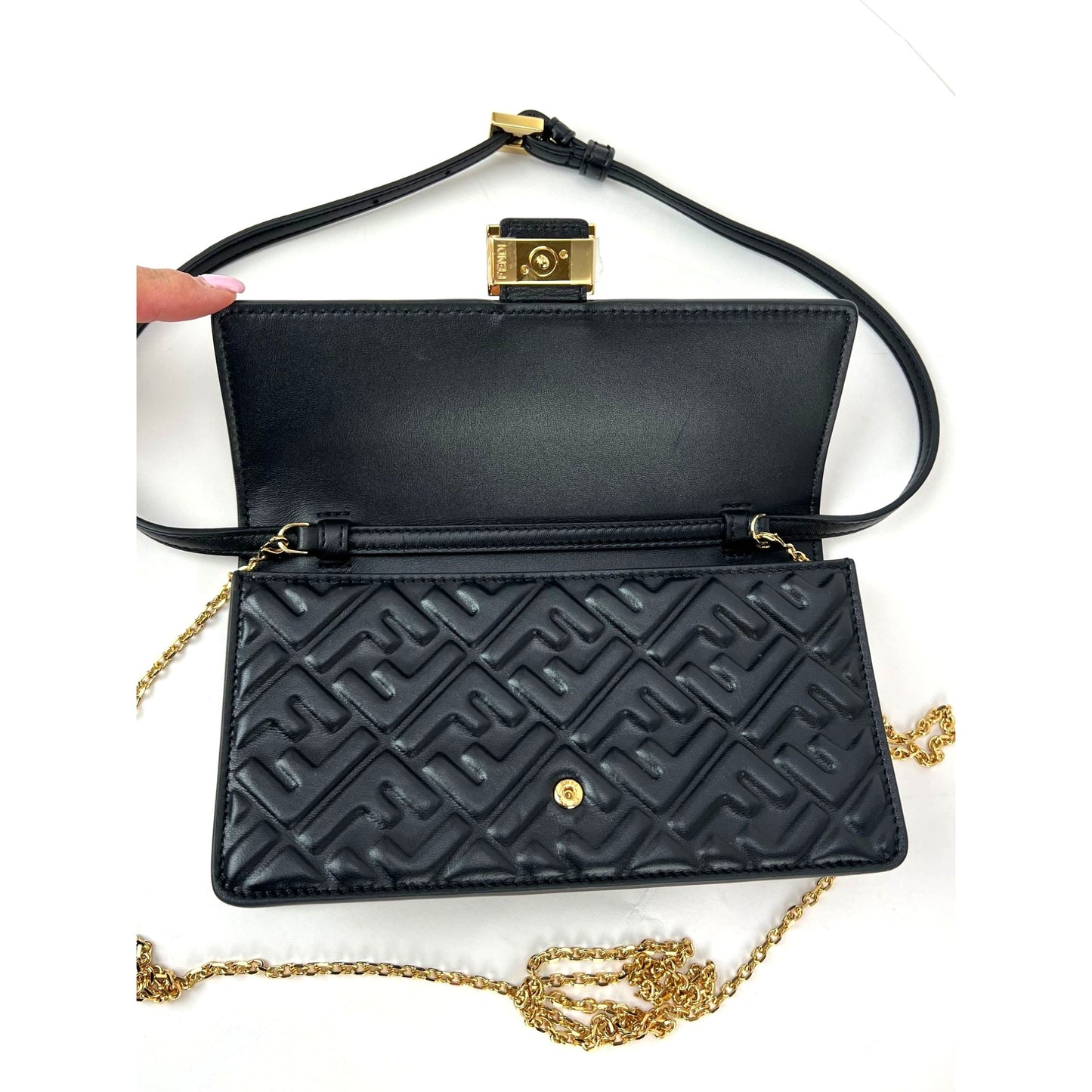 
                  
                    Fendi Tube Wallet on a Chain Black Nappa Leather Crossbody Bag
                  
                