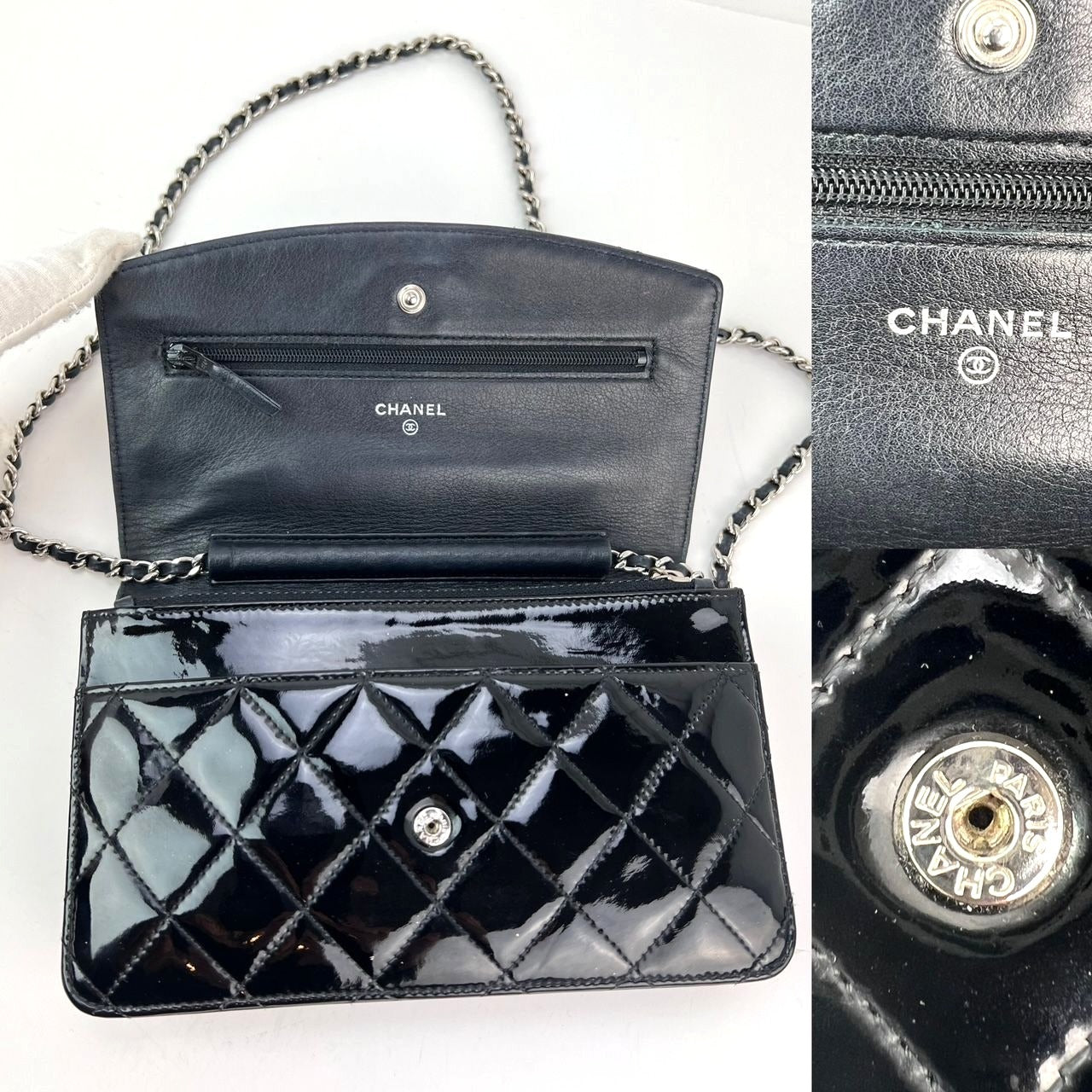 
                  
                    Chanel Quilted Patent Leather Wallet on a Chain Clutch
                  
                