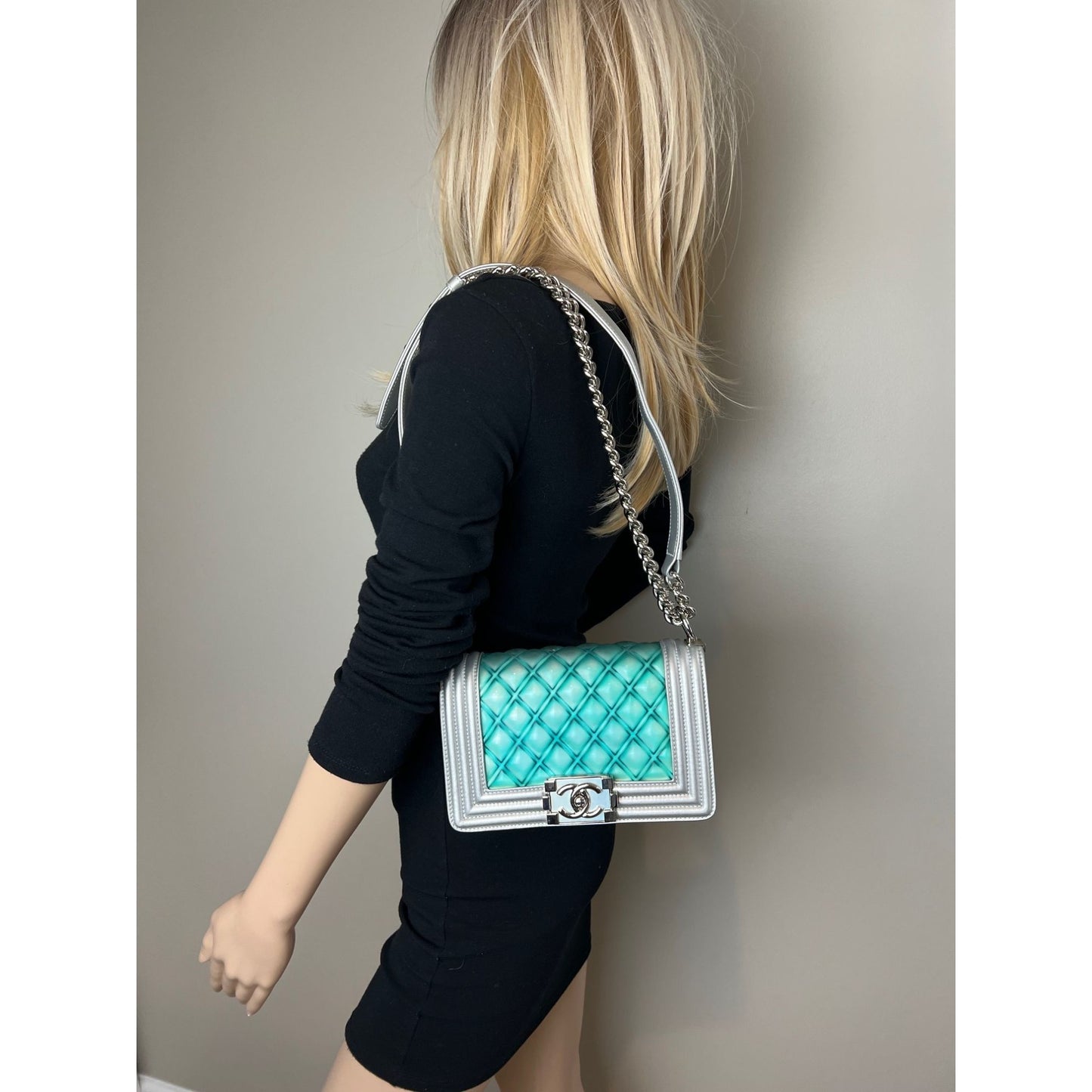 
                  
                    Chanel Iridescent Lambskin PVC Quilted Small Boy Flap Silver Blue Shoulder Bag
                  
                