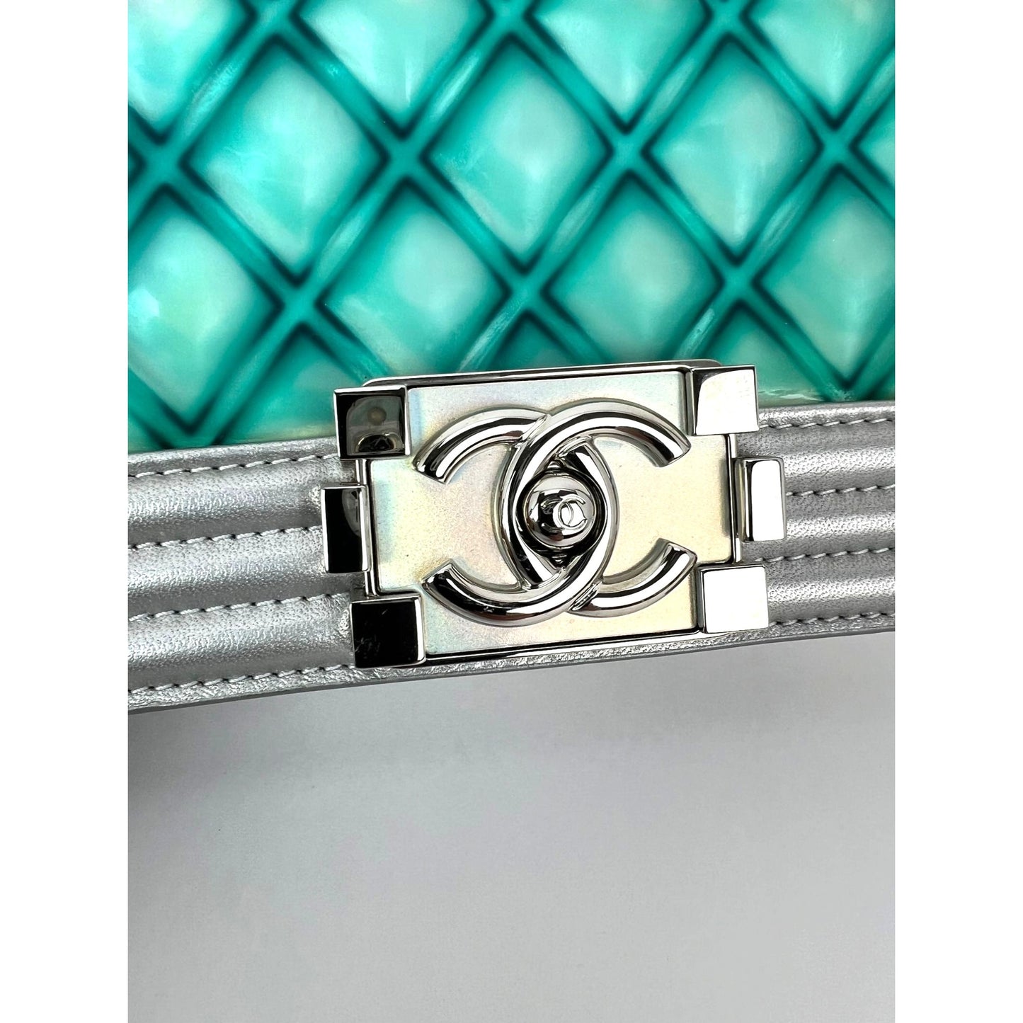 
                  
                    Chanel Iridescent Lambskin PVC Quilted Small Boy Flap Silver Blue Shoulder Bag
                  
                