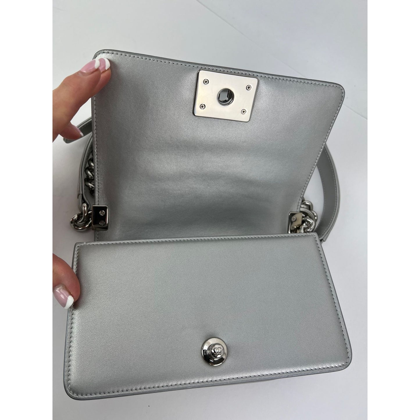 
                  
                    Chanel Iridescent Lambskin PVC Quilted Small Boy Flap Silver Blue Shoulder Bag
                  
                